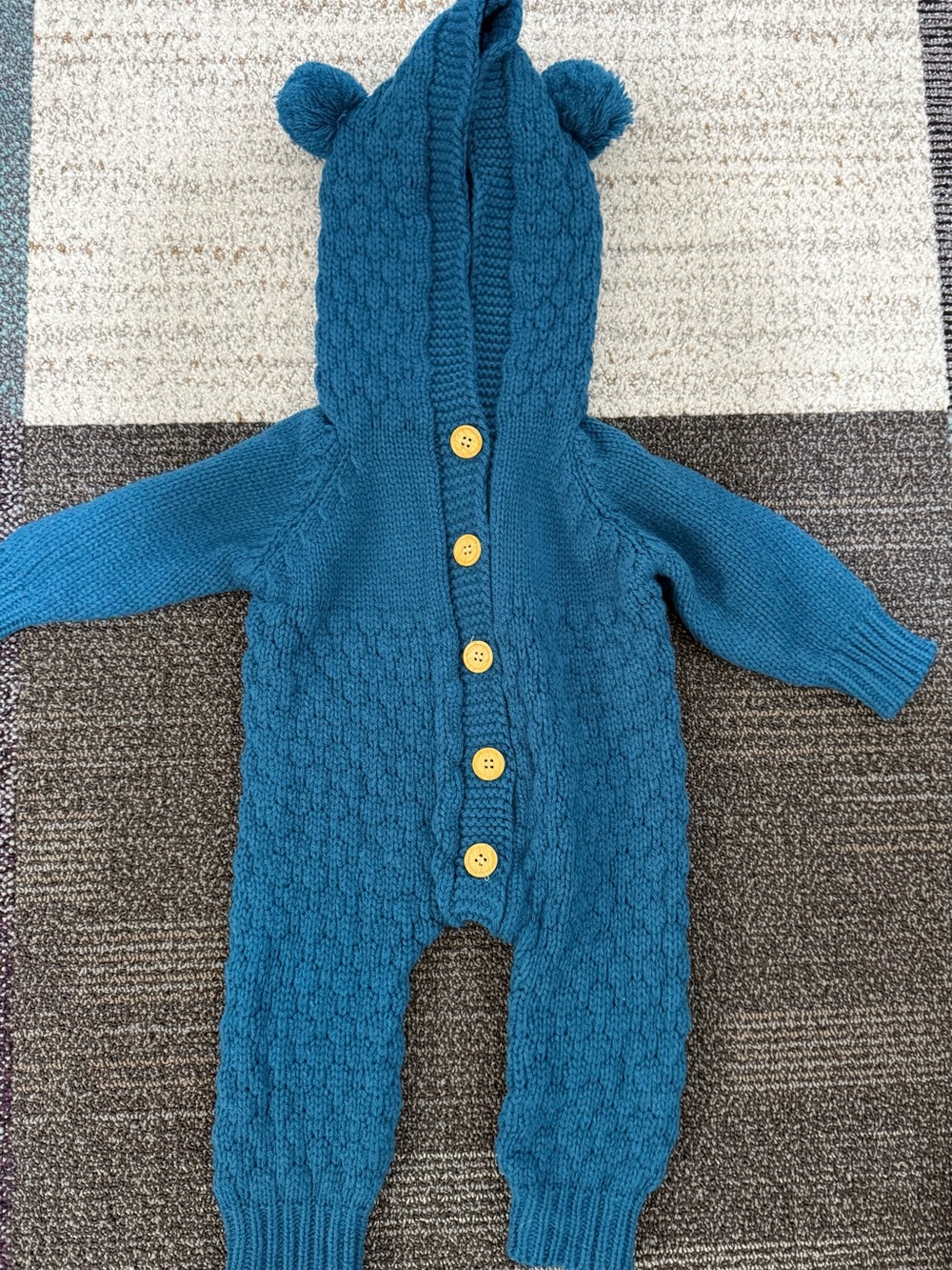 Teal Knit Hooded Baby One-Piece with Pom Ears